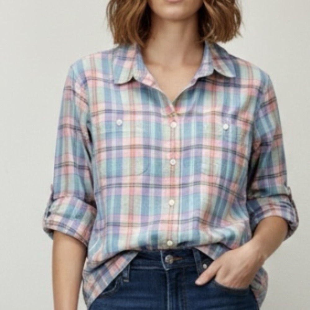 LL Bean Womens Colorful Plaid Madras Button Up Shirt Size LARGE - Picture 2 of 11